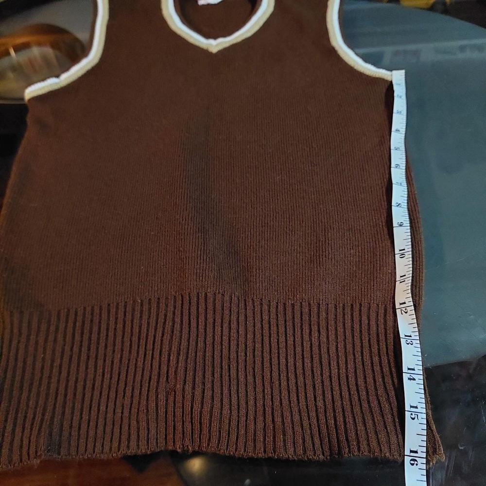 Vintage 1970s Brown V-Neck Sweater Vest Tan White Trim Retro Preppy Small - Picture 5 of 7